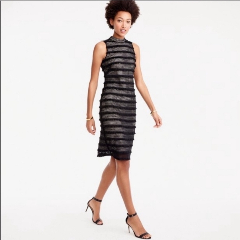J. CREW Black And Nude Fringe Lace Sheath Dress Size 10 Tall